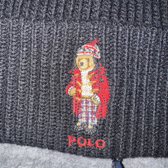 Polo Ralph Lauren Holiday Tartan Bear Embroider Rib Beanie Wool Blend Black NEW - Picture 2 of 6